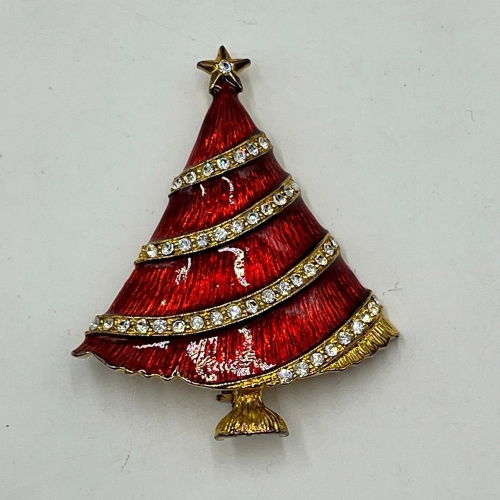 Eisenberg Ice‎ Vintage Christmas tree Red Gloss Enamel Xmas Rhinestone Brooch